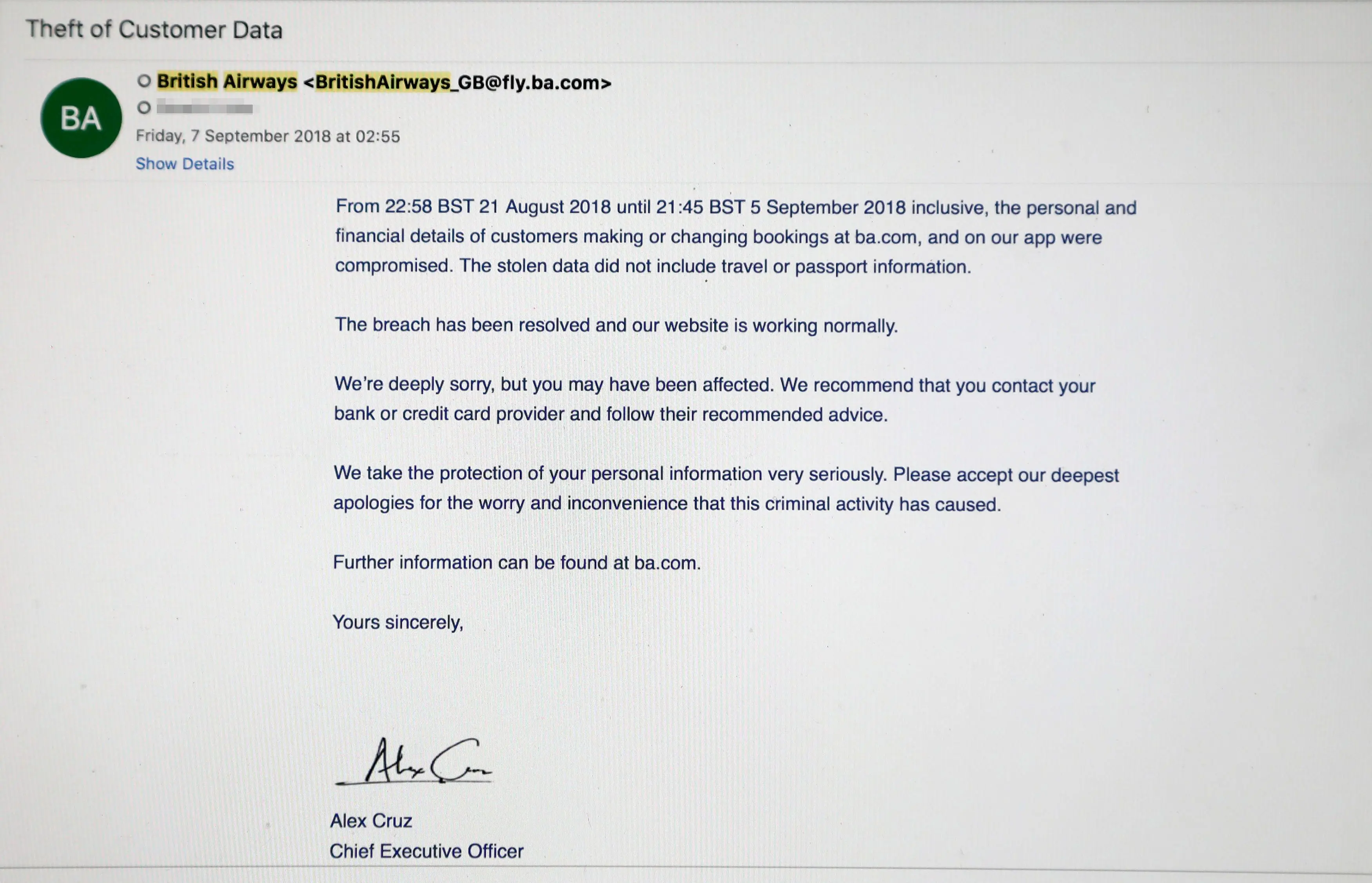 A screenshot of the email sent to notify British Airways customers of the leak