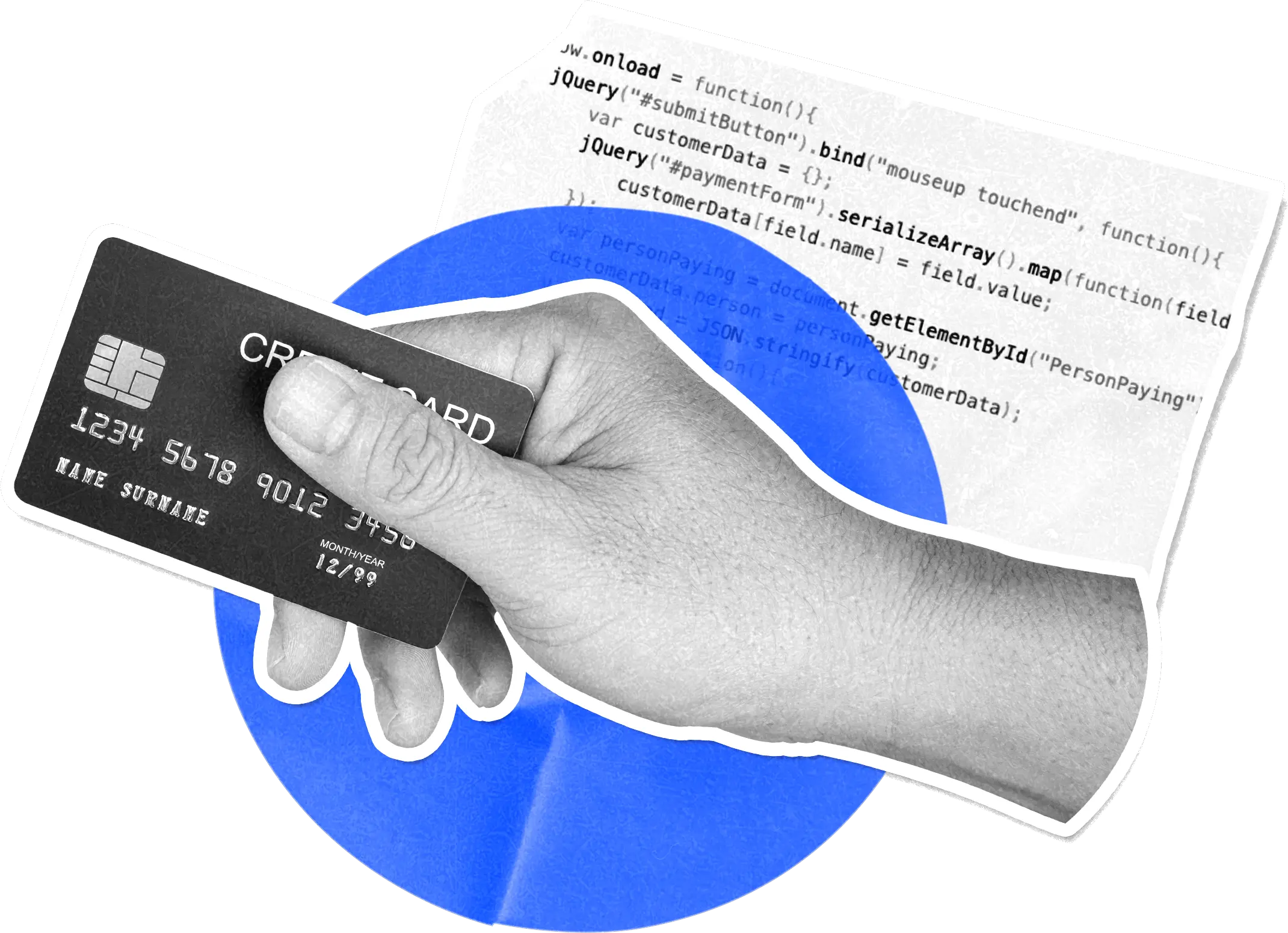 A hand holding a credit card, on top of a paper cutout of the script that executed the attack on British Airways