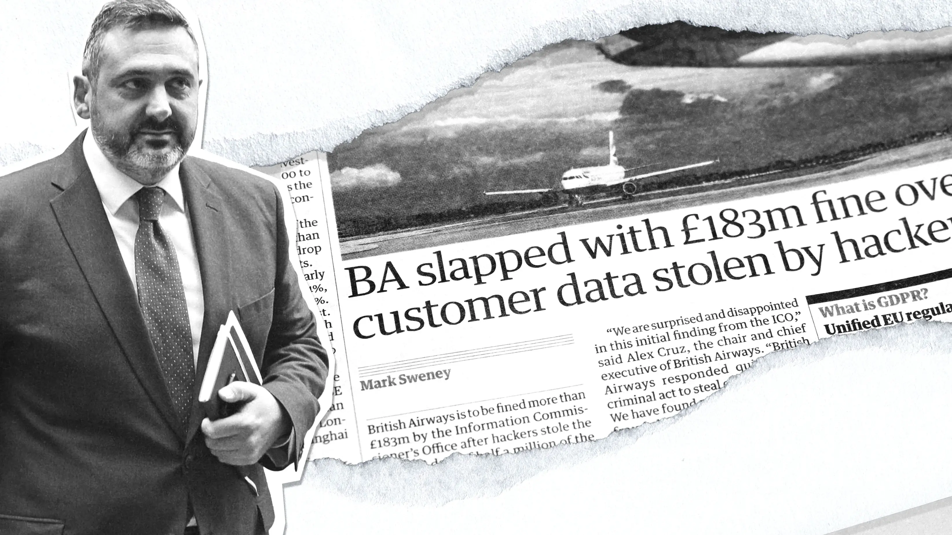 A paper cutout of the British Airways Chief on top of a paper cutout of a news headline that reads 'BA slapped with £183m fine over customer data stolen by hacker'